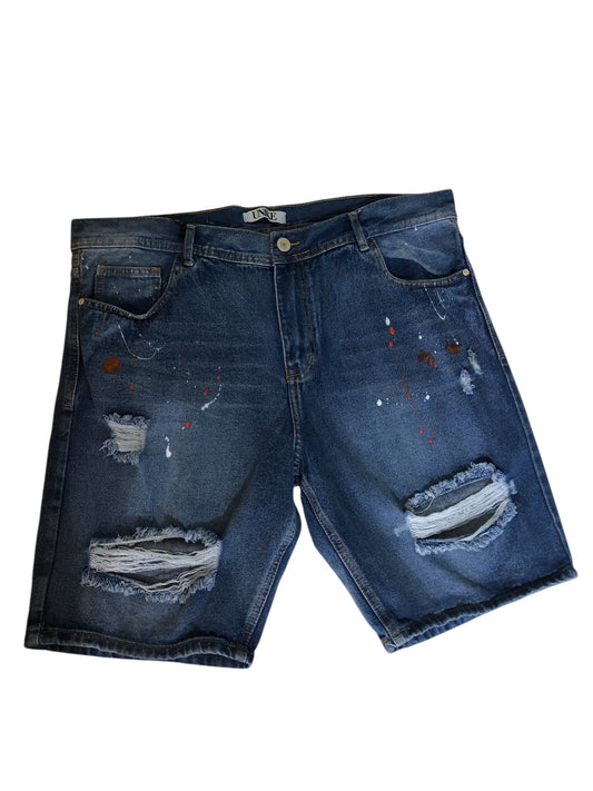 Bermuda Denim Unike Desgastada con Efecto Salpicado Rojo