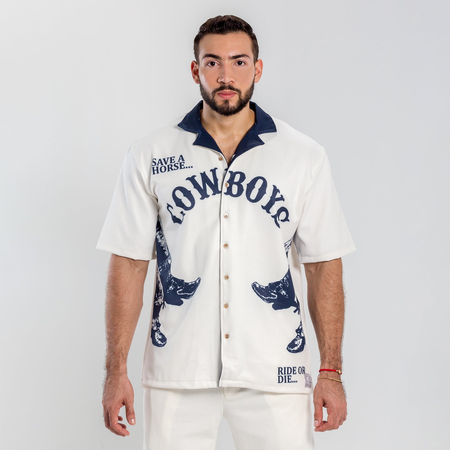 camisa cowboys blanco cuello azul