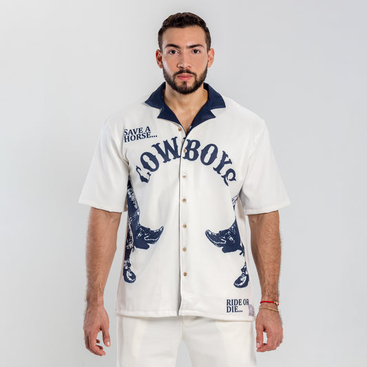 camisa cowboys blanco cuello azul
