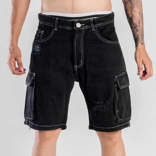 Bermuda Cargo Negra Hilo Blanco