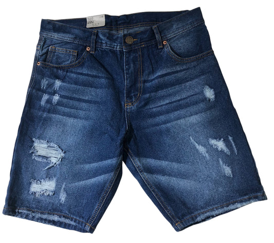 bermuda jean oscura con desgaste y costura cafe