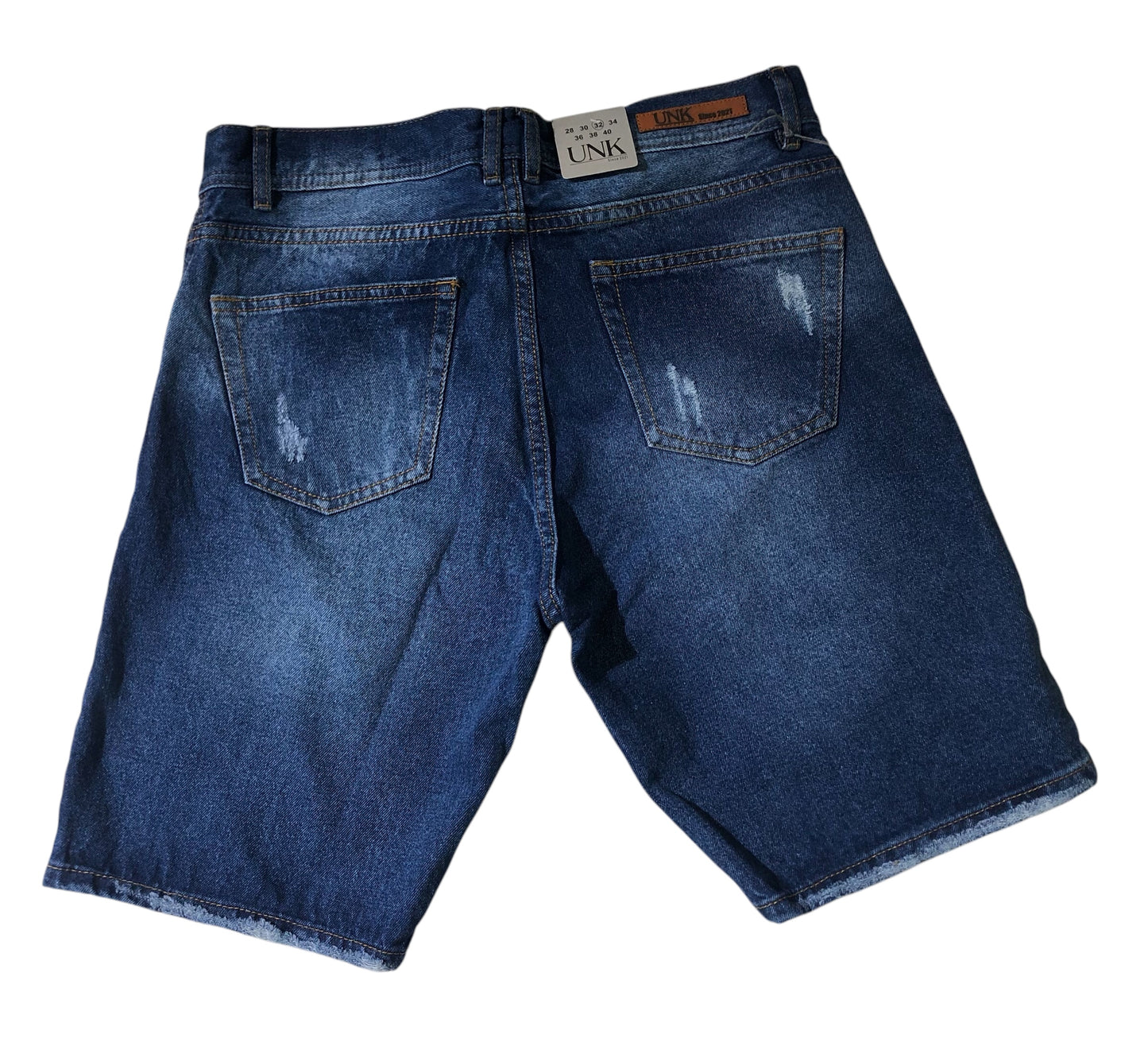 bermuda jean oscura con desgaste y costura cafe
