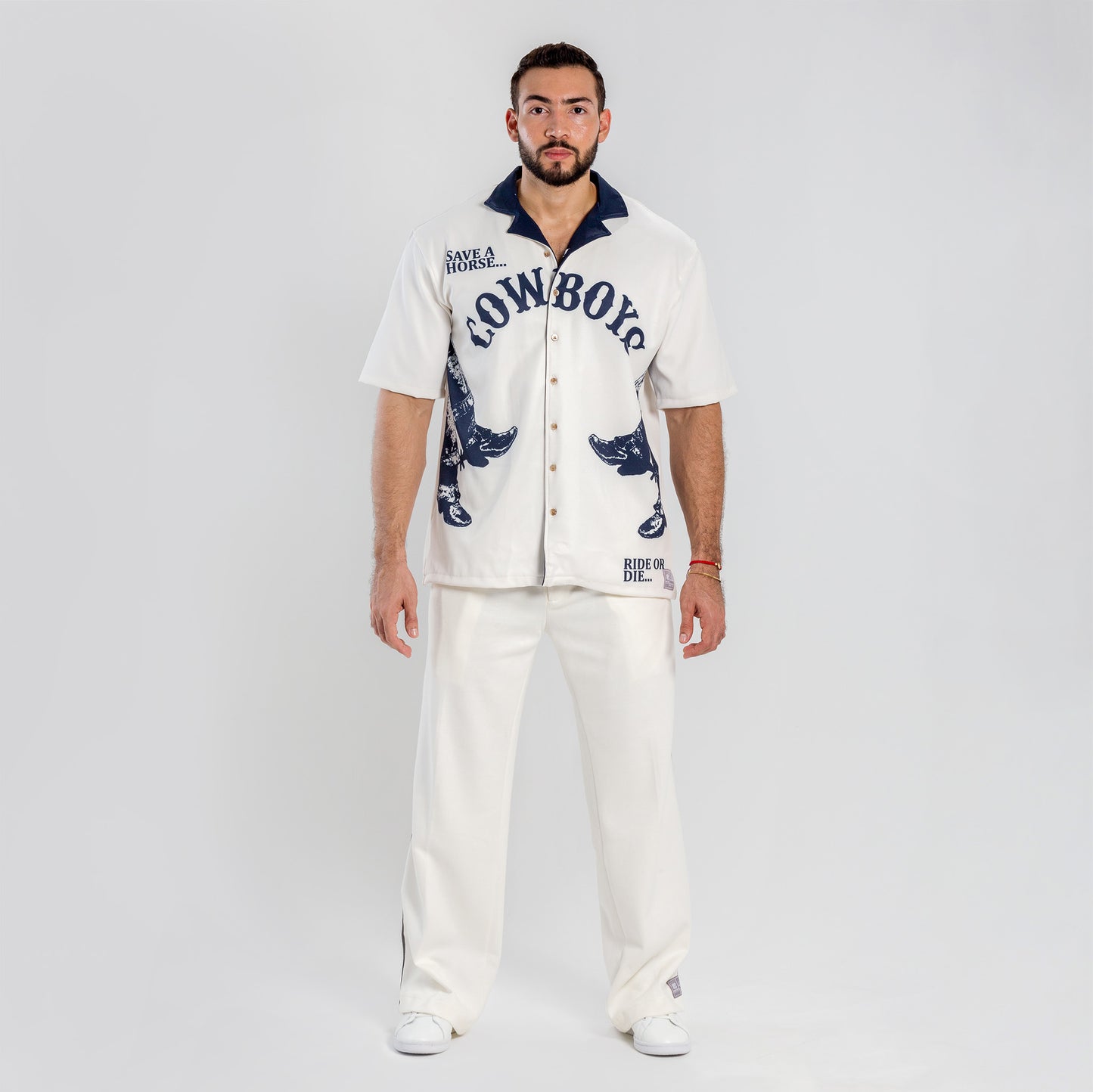 camisa cowboys blanco cuello azul